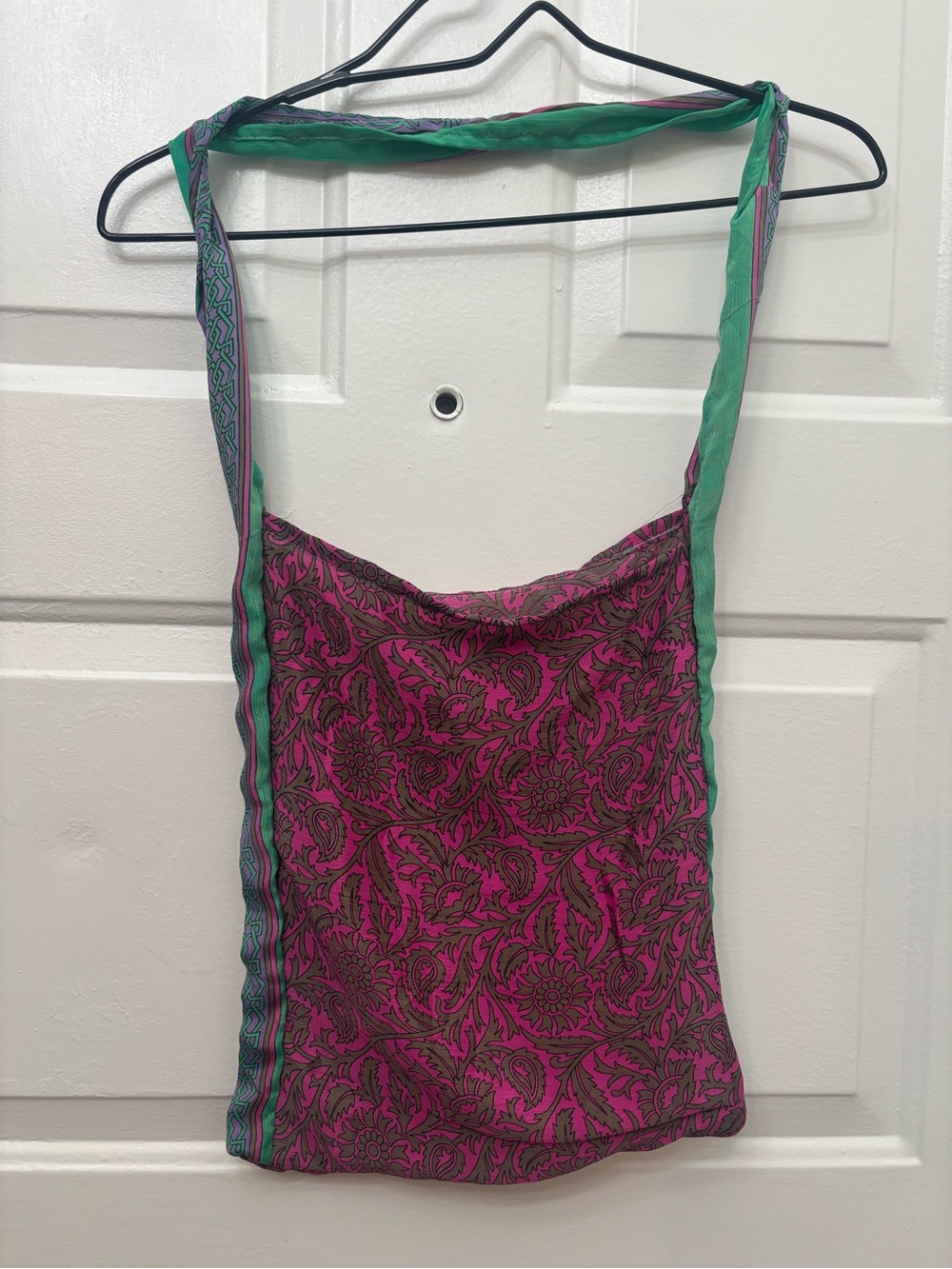 Raj Silk Sari Boho Tote Pink Paisley with Green Trim